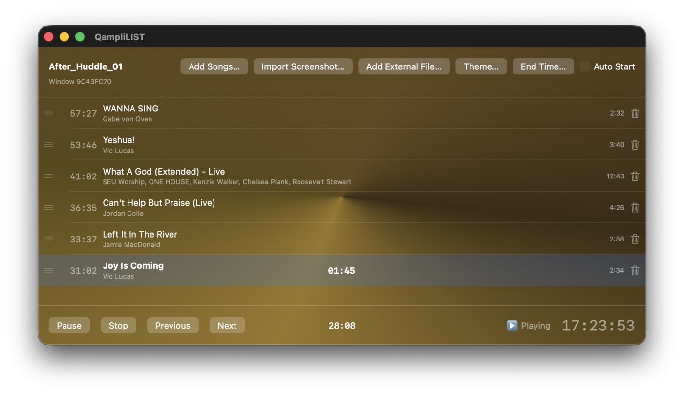 QampliLIST showing a queued playlist with countdown timers to a set end time